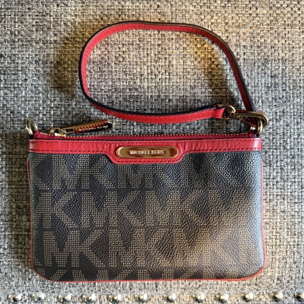 Michael Kors Red and Brown Wristlet Wallet